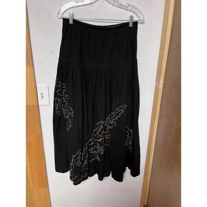 GENE EWING BIS Black Cotton Wrinkled Midi Skirt Size S Leaf Print Elastic‎ Waist